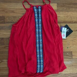 Red Sleeveless Top with Blue Pattern